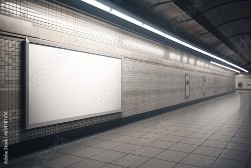 Vintage subway station with a blank screen, a perfect backdrop for art or advertising. Moody atmosphere in abandoned underground. Urban art concept in decay. AI Generative.