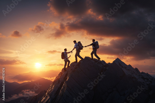 Teamwork Triumph: A Man's Helping Hand Leads His Friend to Conquer the Mountain Summit. © Yassar