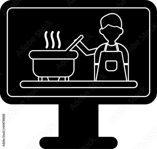 Chef Making Food in Monitor Screen for Online Cooking glyph icon.