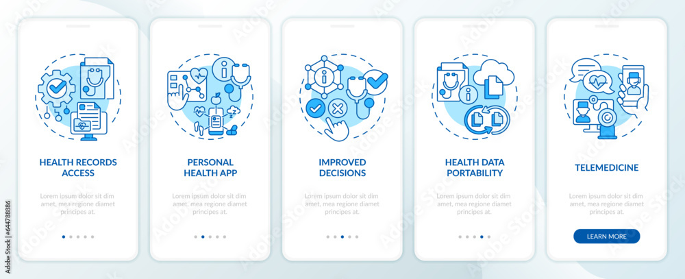 2D icons representing health interoperability resources mobile app screen set. Walkthrough 5 steps blue graphic instructions with linear icons concept, UI, UX, GUI template.