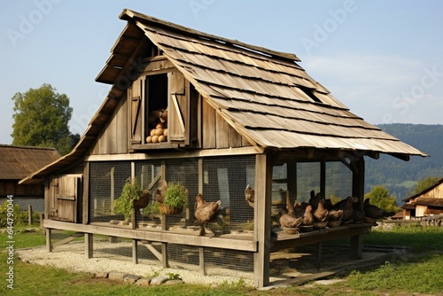 Attractive wood henhouse for farm poultry. Generative AI
