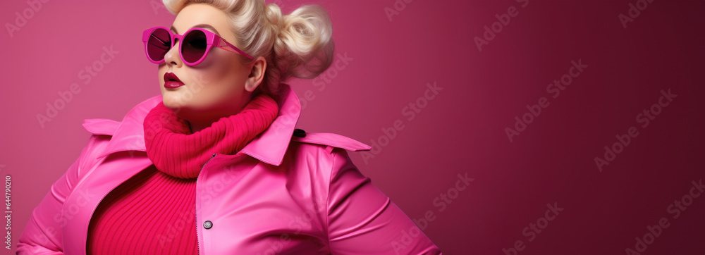 Fototapeta premium Confident plus-size woman in Barbie-style pink attire, radiating self-love
