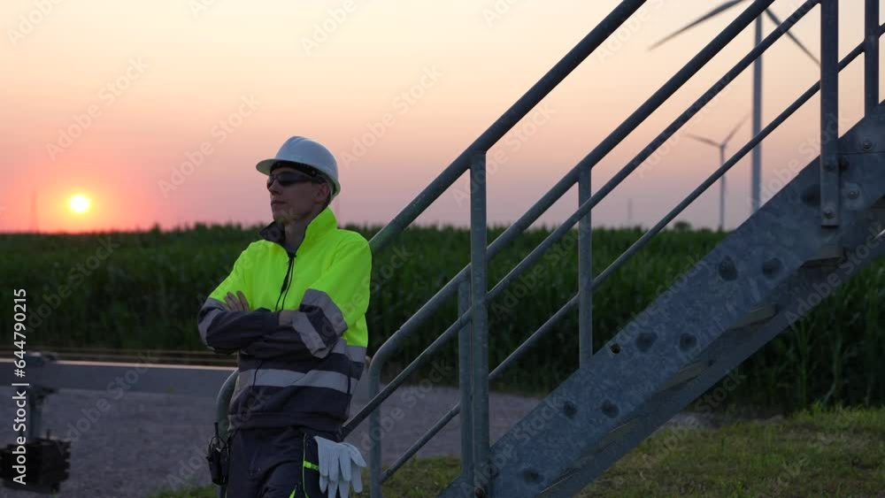 Engineer stands near the stairs of a wind turbine at sunset