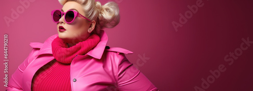 Confident plus-size woman in Barbie-style pink attire, radiating self-love