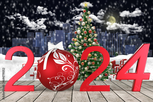 Illustrazione 3D. Anno nuovo 2024. Capodanno 2024 in numeri e palla di Natale. Sfondo con decorazione e ambientazione natalizia. photo
