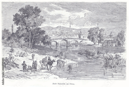 River Vrbas in Banja Luka vintage engraved illustration