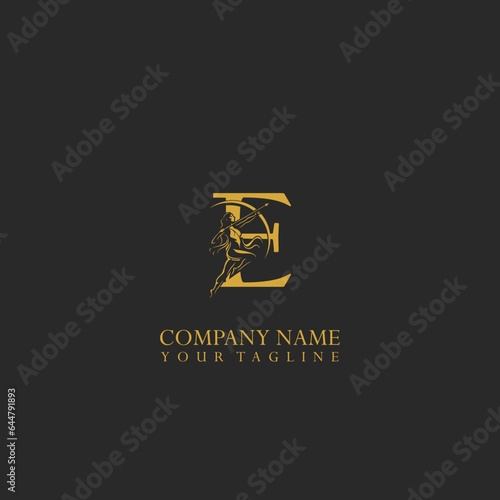 Letter E and Archer woman logo on isolated background.