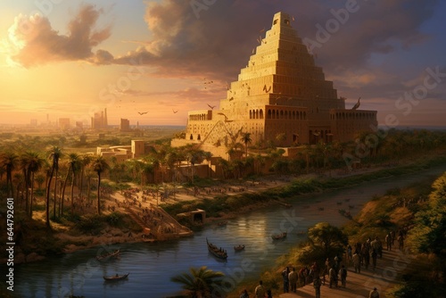 Illustration of ancient Babylon with the Tower of Babel in the Babylonian Empire, a town mentioned in the Quran and the Bible, featuring multilingual speech. Generative AI