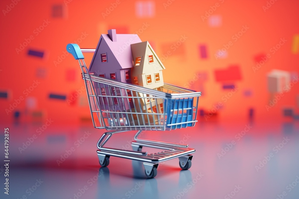 house in a shopping cart banner, mortgage, real estate loan, buying and renting property. Generative AI