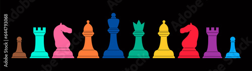 Colored chess set. Colorful vector illustration