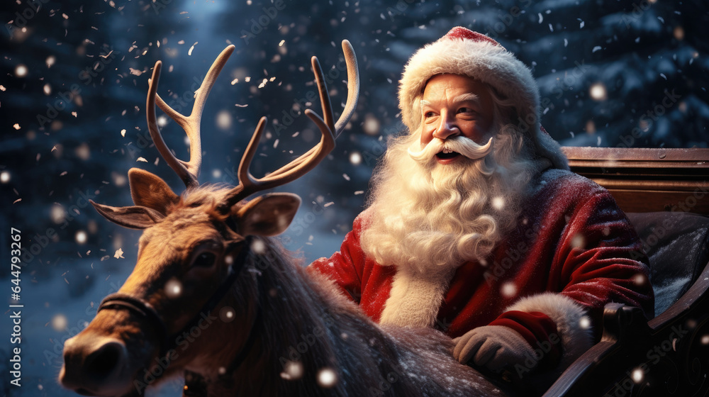 Santa Claus with reindeer in snowy forest. Christmas theme. created by generative AI technology.