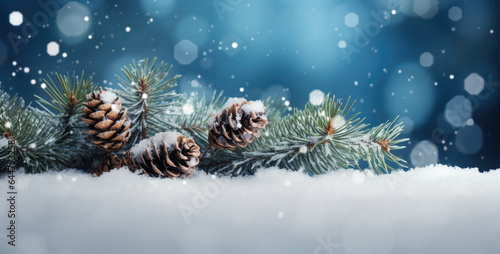 Christmas background with fir tree branches and cones on snow with bokeh background. created by generative AI technology.