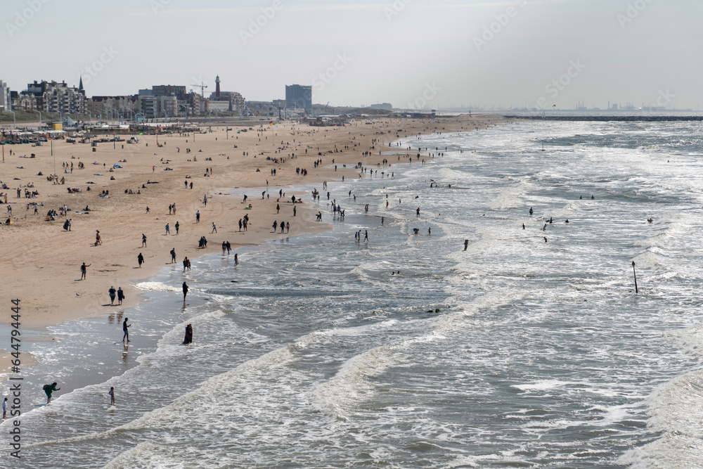 The Hague, Holland-July 26 2023: Aerial and panoramic view of the beach The Hague, Holland-July 26 2023: Aerial and panoramic view of the beach