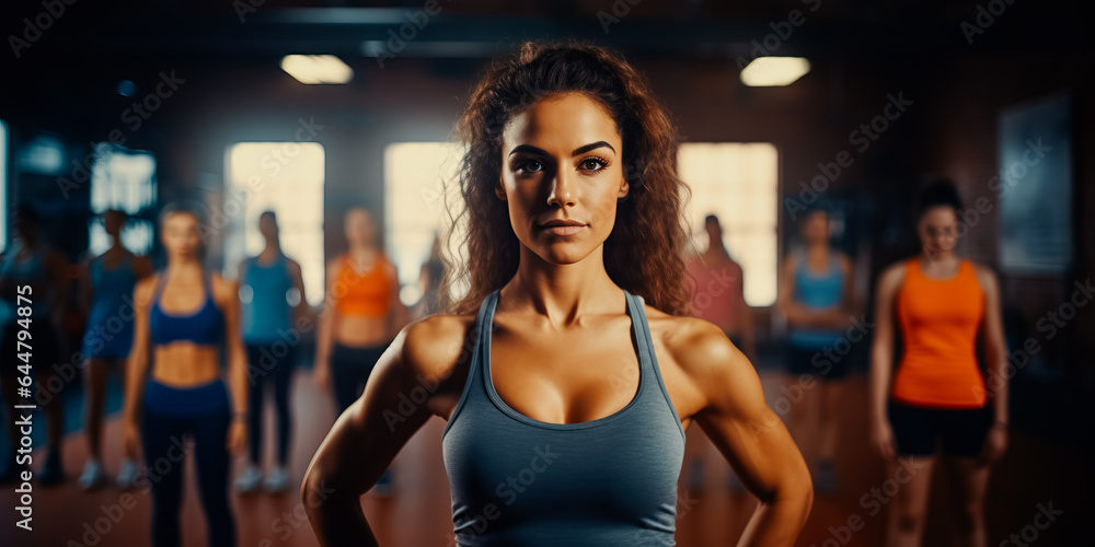 Portrait of confident sportswoman standing at gym with friends in background