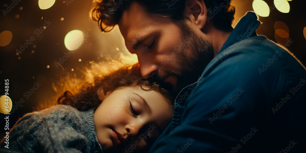 Portrait of father holding his sleeping little daughter in his arms Portrait of father holding his sleeping little daughter in his arms