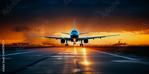 Plane landing at airport in evening sky