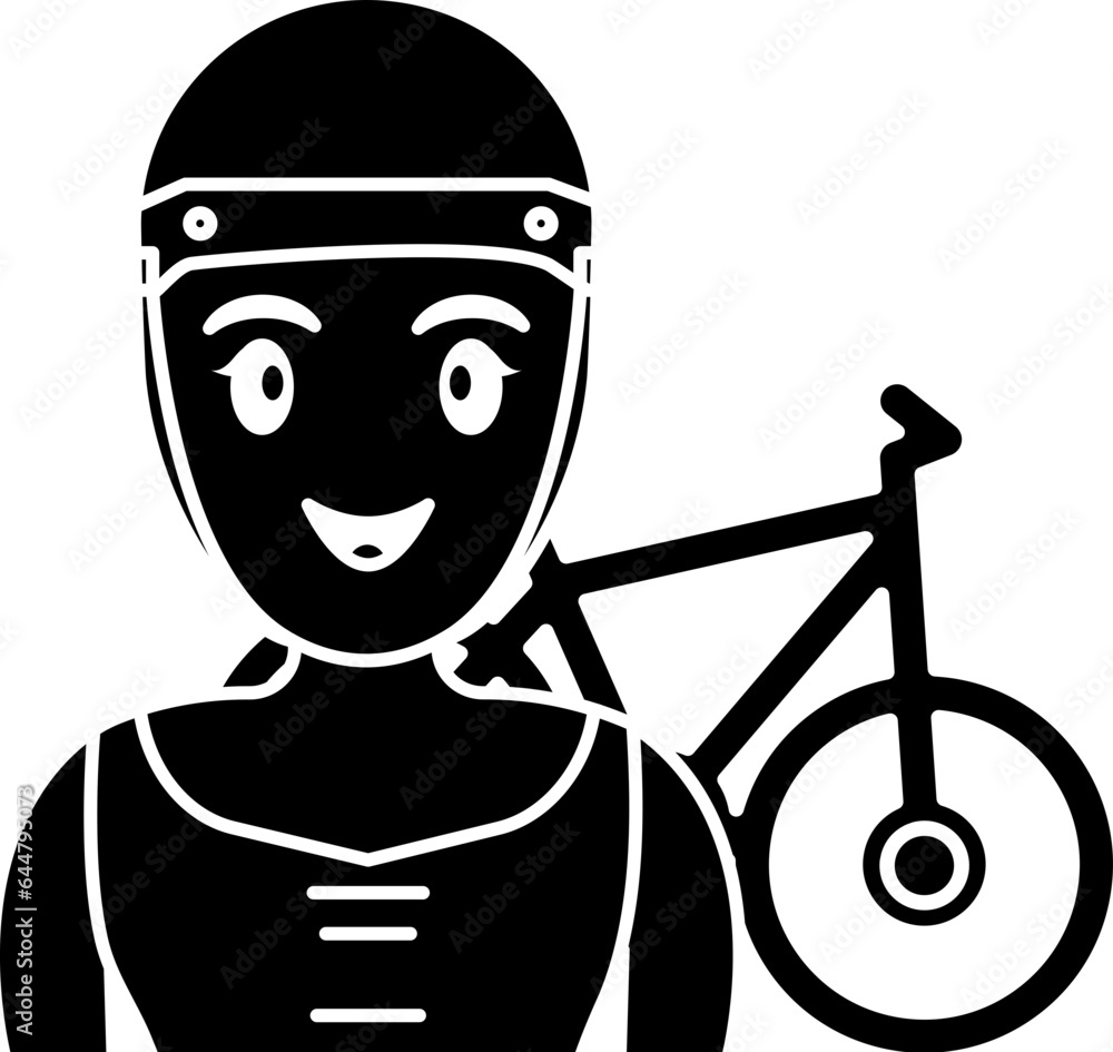 Cheerful Girl With Bicycle Icon In B&W Color.