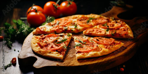 Simple Flatbread pizza cut into slices with tomatoes and garlic on wooden surface