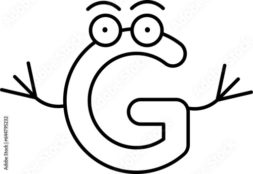 G Alphabet Cartoon Character Icon in Black Outline.