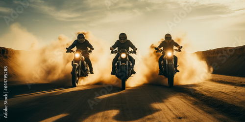 Three men sitting on cafe racer motorcycles on a dusty dirt road