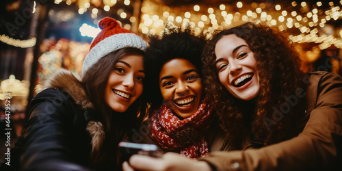 Three multirracial female girls taking a selfie during holidays © v.senkiv