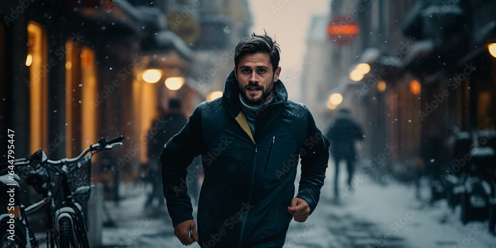 Young man running in a city during winter season