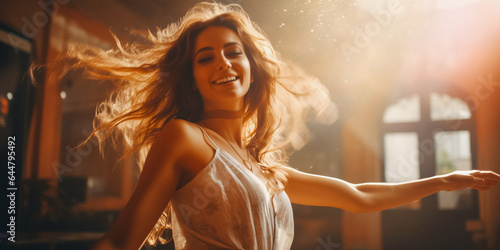 Young smiling woman dancing indoors