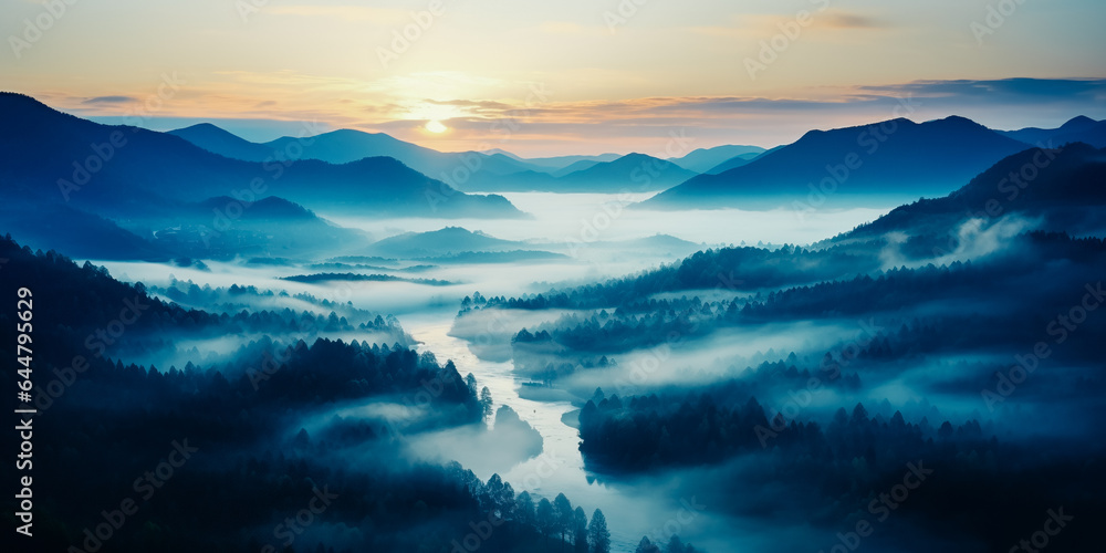 Fototapeta premium Aerial view of misty dawn in the mountains