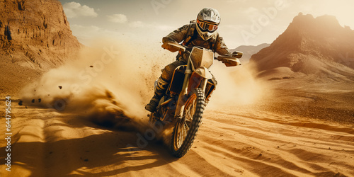 A motorcycle races through the desert