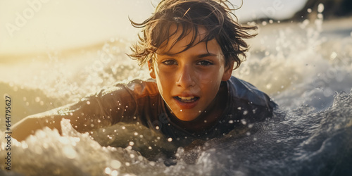 A older boy is thrown about by the waves on a rocky beach, he reaches out towards the camera