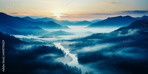 Aerial view of misty dawn in the mountains