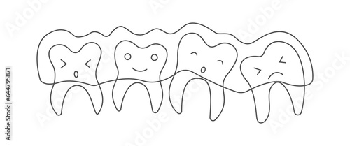 Doodle cute ragged teeth with clear aligners. Dental orthodontic treatment. Oral hygiene concept for children for pediatric dentistry. Teeth cleaning and prevention. Vector hand draw illustration.