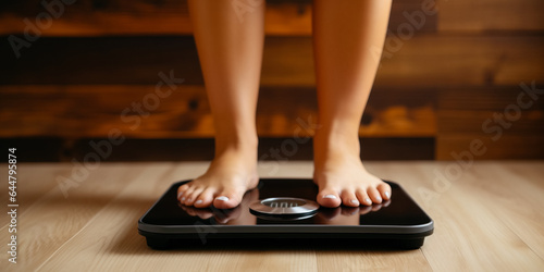 Female feet standing on electronic scales for weight control on wooden background. The concept of slimming and weight loss