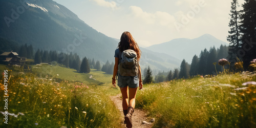 Female hiker walks down road, through meadow