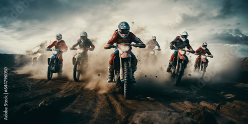 Group of motocross motorcycles coming out in the race