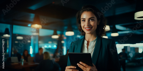 Happy businesswoman looking away while holding digital tablet in office