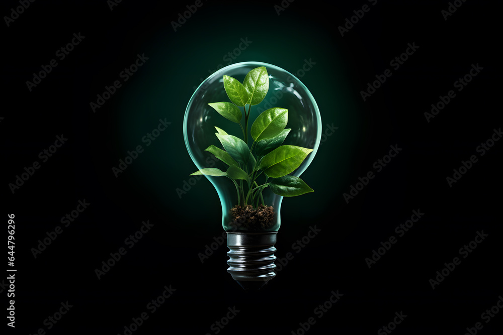 Light bulb with leaves on black background Light bulb with leaves on black background