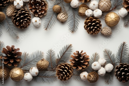 A Christmas background image for creative content with Christmas decorations adorning the frame and a central space left for customization. Photorealistic illustration
