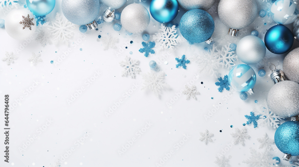 beautiful christmas card with silver blue balls and snowflakes on white background top view. Generative Ai beautiful christmas card with silver blue balls and snowflakes on white background top view. Generative Ai