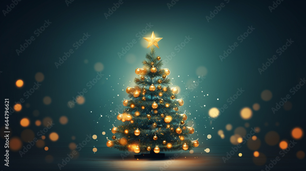 Christmas tree with golden balls and lights on a green background. Generative Ai Christmas tree with golden balls and lights on a green background. Generative Ai