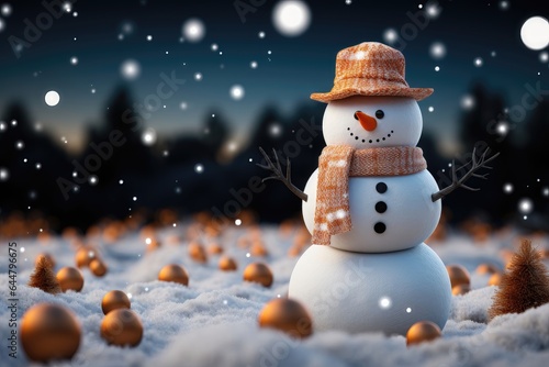 This Christmas background image featuring a festive snowman adorned with an orange scarf and a hat, ideal for creative content. Photorealistic illustration © DIMENSIONS