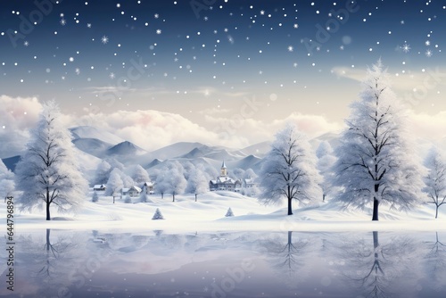 A Christmas background image for creative content featuring a snow-covered town seen across a lake. Illustration