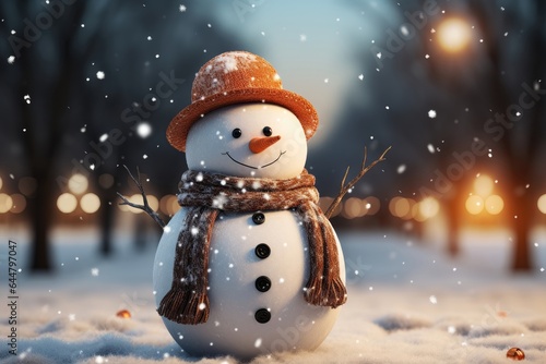 A Christmas background image showcasing a cheerful snowman wearing an orange hat and a brown scarf, set against a blurred park scene. Photorealistic illustration © DIMENSIONS