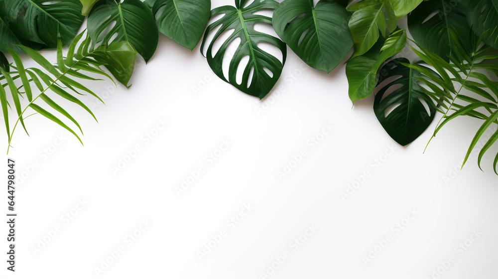 Green tropical leaves on white background top view. Generative Ai