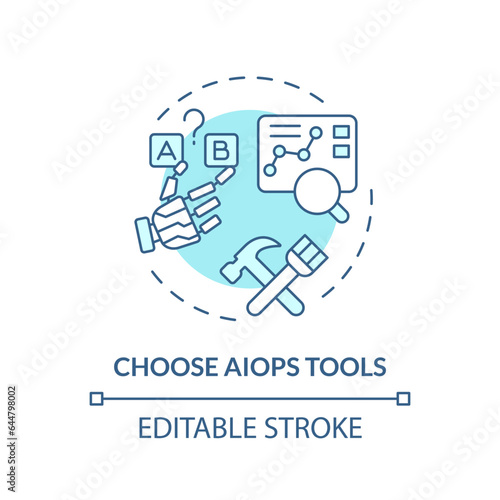 2D editable choose AI ops tools icon representing AI ops, isolated vector, blue thin line illustration.
