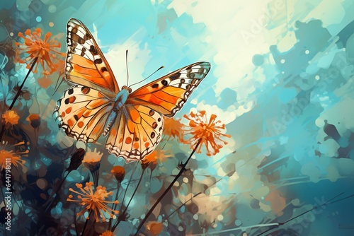 a butterfly resting on blooming flower in spring. digital art illustration. generative AI
