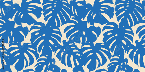 Blue tropical summer plant leaf seamless pattern. Exotic jungle monstera leaves background illustration. Natural organic artwork wallpaper print. Vintage botanical palm tree texture.	