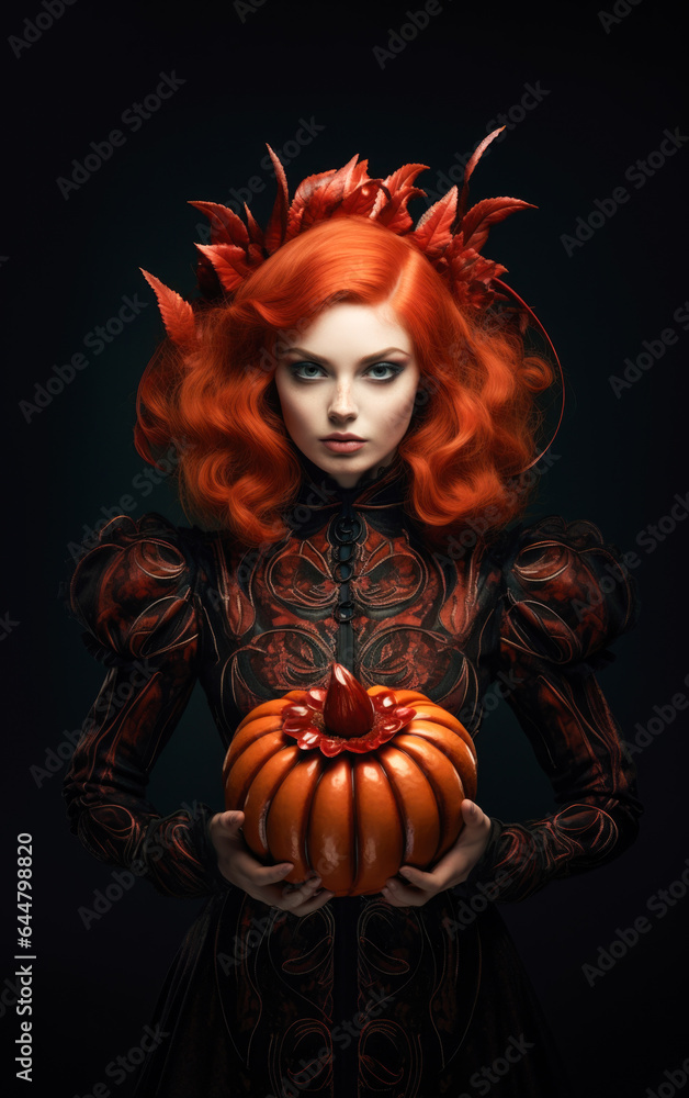 Fototapeta premium Halloween autumnal background. Redhead vampire woman holding a pumpkin. Ai generated image