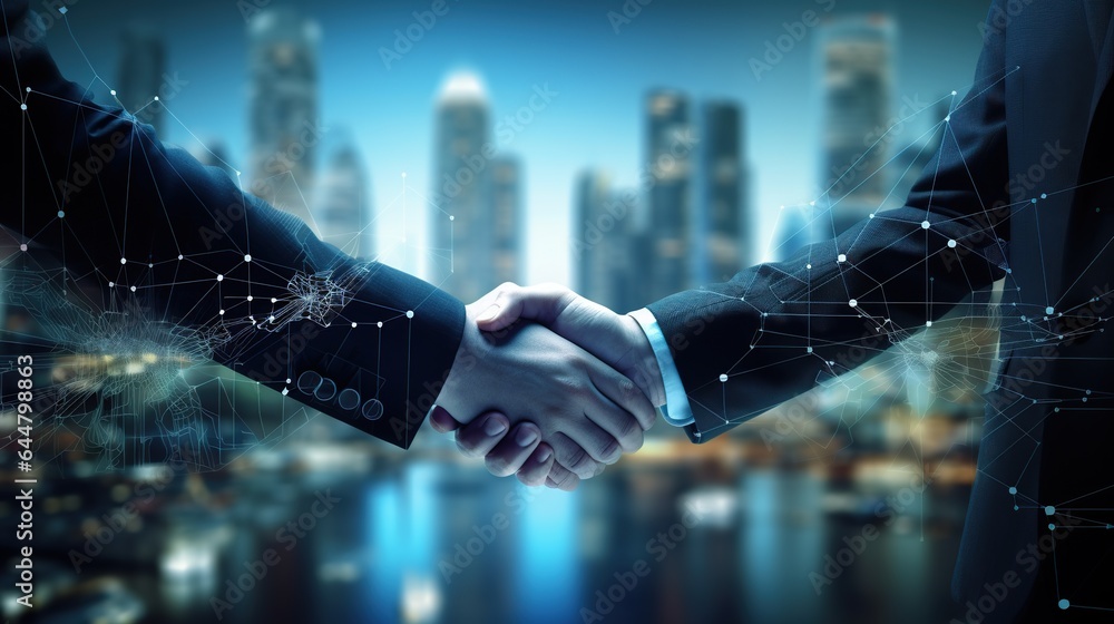 Businessmen shaking hands in the city congratulating the merger and acquisition concept, panoramic sign.