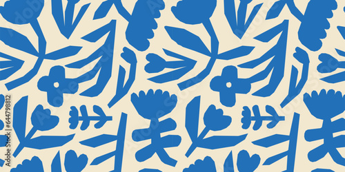 Abstract flower art shape seamless pattern. Trendy contemporary floral cutout background illustration. Natural organic plant leaves artwork wallpaper print. Vintage botanical spring texture.